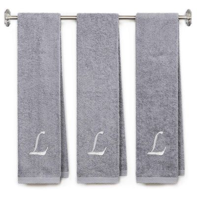 BY LORA Embroidered Terry Cotton Gym Fitness Towel for Men, Women, Girls, Boys - Terry Cotton Gym Fitness Towel - 13 x 44 inches - 3-Pack - Silver Color Towel - White Script Initial L