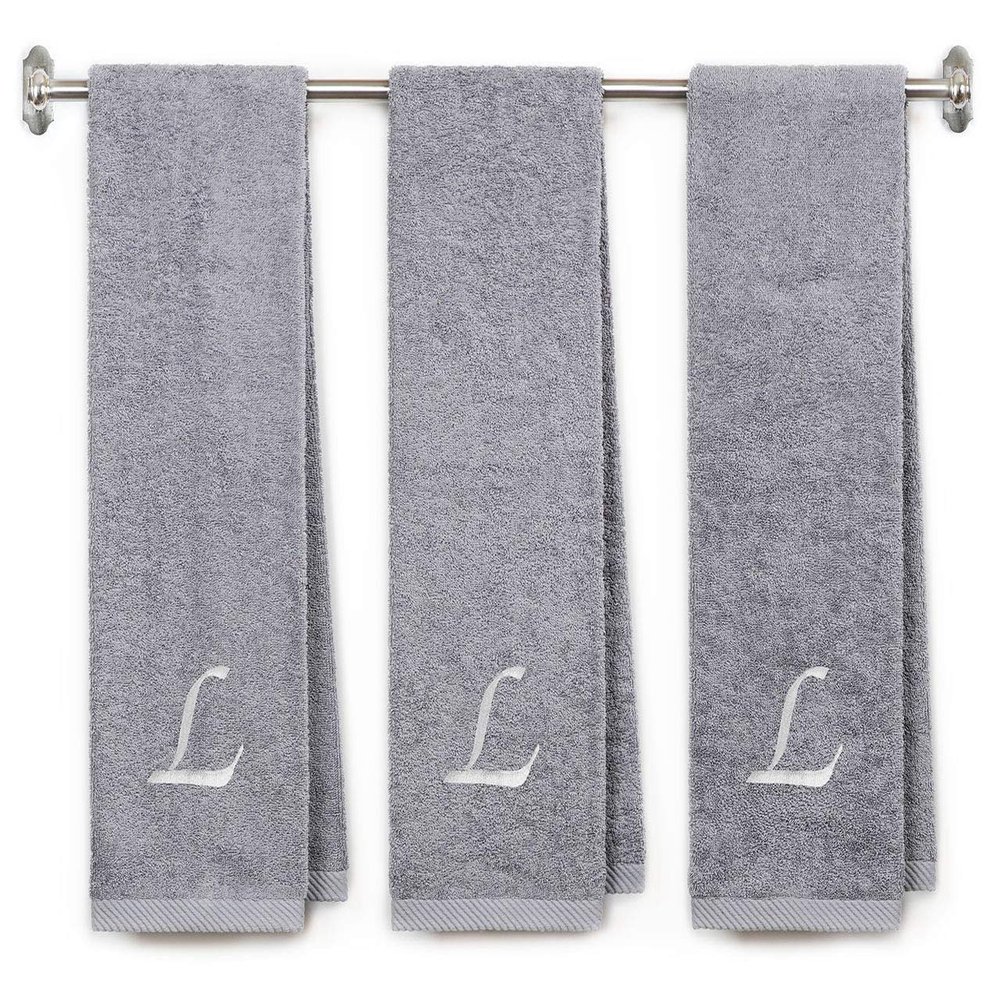 BY LORA Embroidered Terry Cotton Gym Fitness Towel for Men, Women, Girls, Boys - Terry Cotton Gym Fitness Towel - 13 x 44 inches - 3-Pack - Silver Color Towel - White Script Initial L