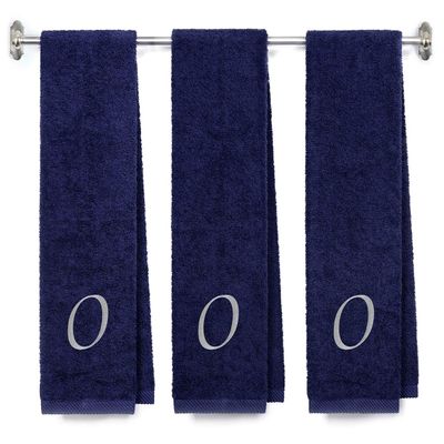 BY LORA Embroidered Terry Cotton Gym Fitness Towel for Men, Women, Girls, Boys - Terry Cotton Gym Fitness Towel - 13 x 44 inches - 3-Pack - Navy Color Towel -Silver Script Initial O