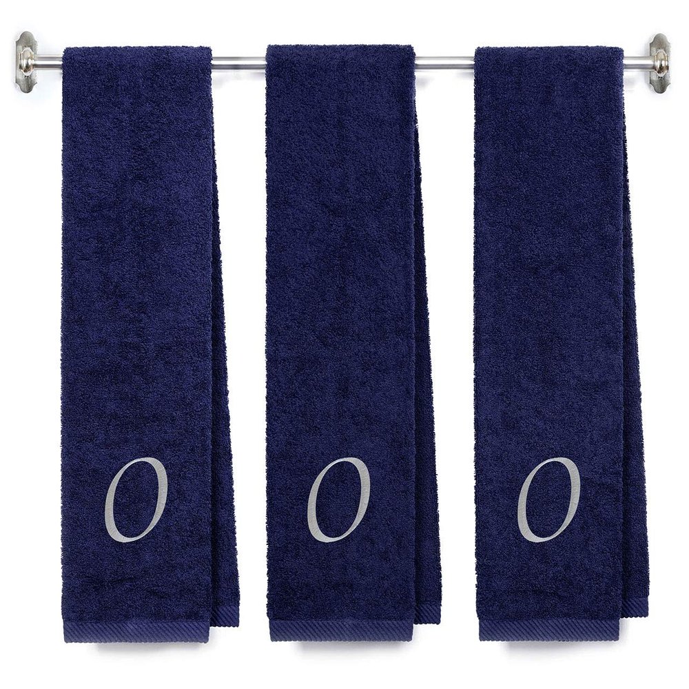 BY LORA Embroidered Terry Cotton Gym Fitness Towel for Men, Women, Girls, Boys - Terry Cotton Gym Fitness Towel - 13 x 44 inches - 3-Pack - Navy Color Towel -Silver Script Initial O