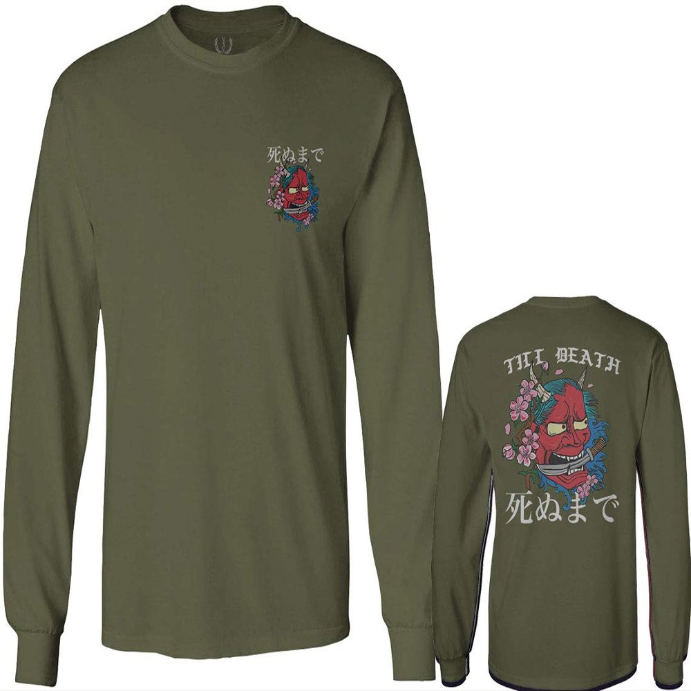 0248. Demon Graphic Traditional Japanese Till Death Anime Aesthetics Society Men's Long Sleeve t Shirt (Olive, Small)