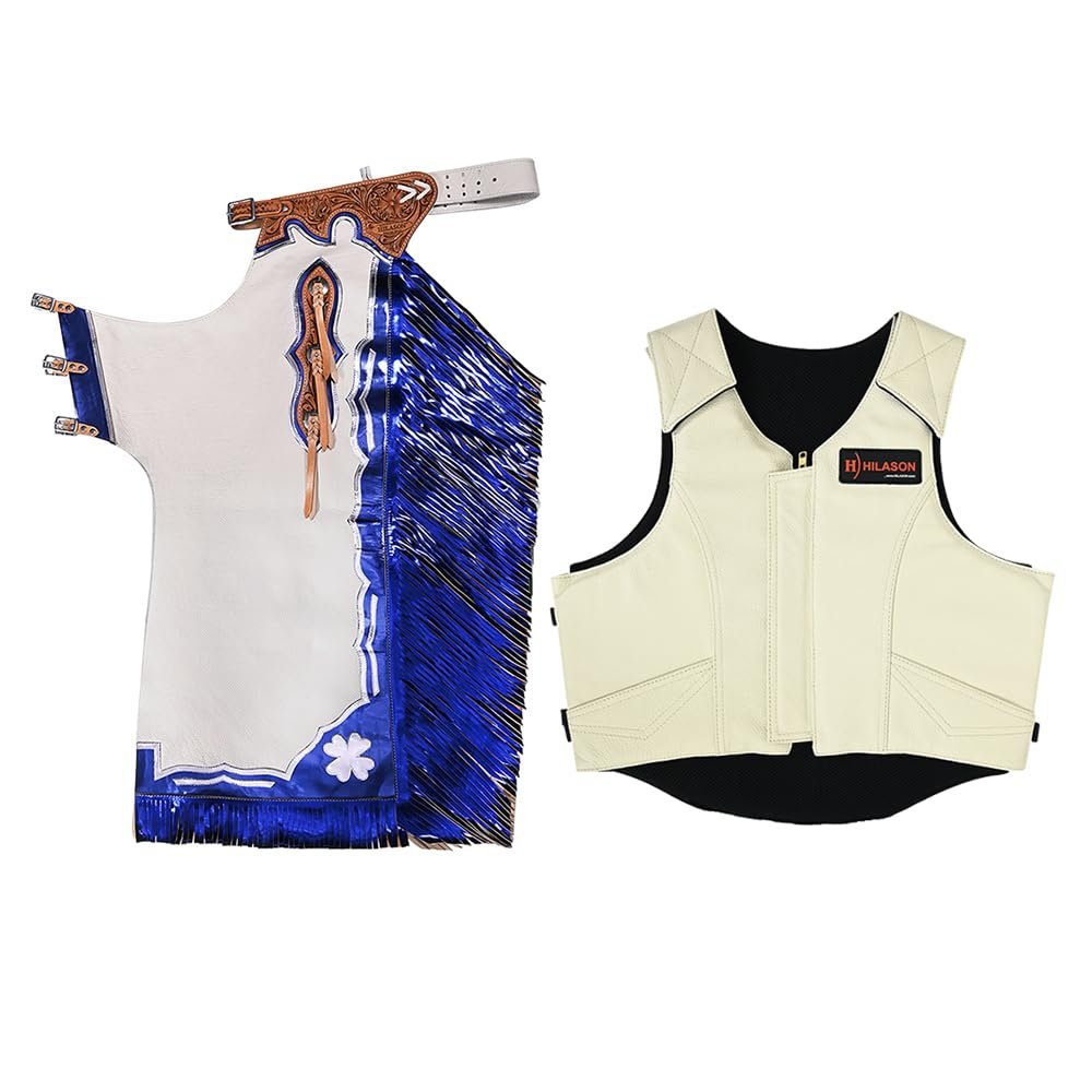 HILASON Bull Riding Pro Rodeo White Leather Protective Vest & Chaps Combo | for Women and Men Unisex Western