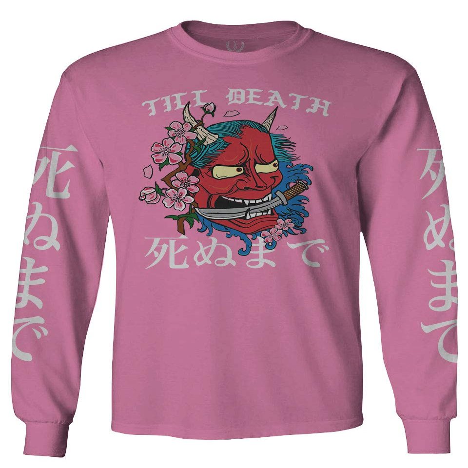0249. Demon Graphic Traditional Japanese Till Death Anime Aesthetics Society Men's Long Sleeve t Shirt (Pink X-Large)