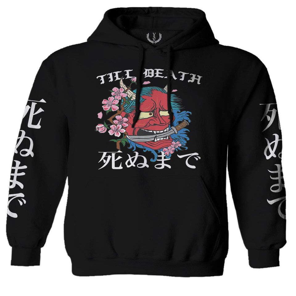 0249. Demon Graphic Traditional Japanese Till Death Anime Aesthetics Society Sweatshirt Pullover Hoodie (Black, Large)