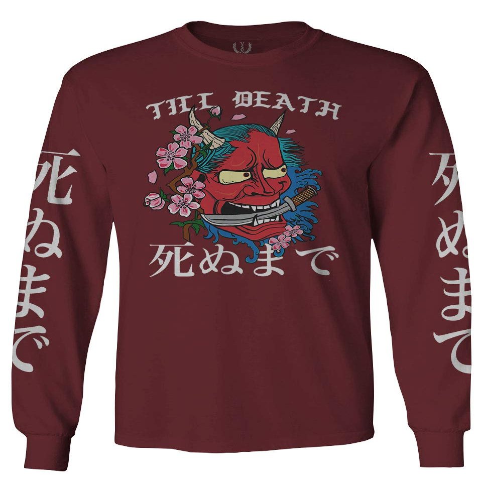 0249. Demon Graphic Traditional Japanese Till Death Anime Aesthetics Society Men's Long Sleeve t Shirt (Maroon 2X Large)