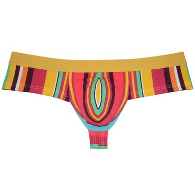 OROCOJUCO Men's Brazilain Bikini Boxers Thong Underwear Guys Hipster Swim Tangas 1/3 Back Coverage Trunks Big Stripes M