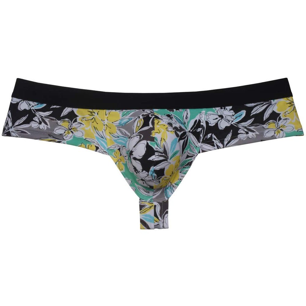 OROCOJUCO Men's Brazilain Bikini Boxers Thong Underwear Guys Hipster Swim Tangas 1/3 Back Coverage Trunks Yellow Hibiscus XL
