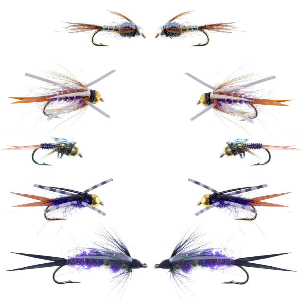 The Fly Fishing Place Basics Collection - Bead Head Purple Nymph Assortment - 10 Wet Flies - 5 Patterns - Hook Sizes 12, 14, 16