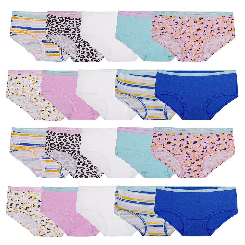 Fruit of the Loom Girls' Tag Free Cotton Brief Underwear Multipacks, Brief-20 Pack-White/Stripes/Animal Print, 6