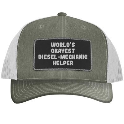 World's Okayest Diesel-Mechanic Helper - Leather Black Patch Engraved Trucker Hat, Heather-White, One Size