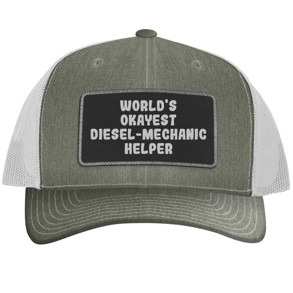 World's Okayest Diesel-Mechanic Helper - Leather Black Patch Engraved Trucker Hat, Heather-White, One Size