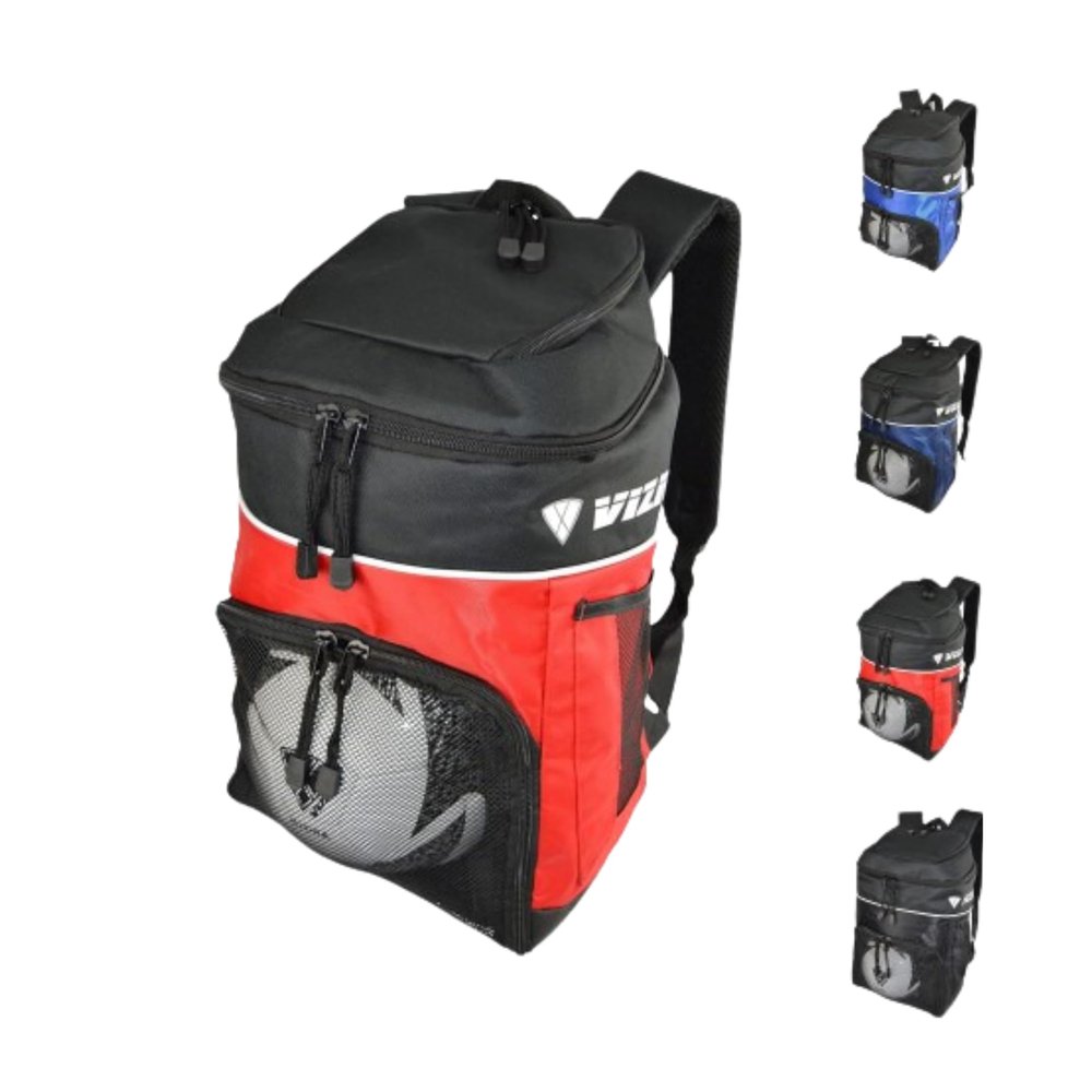 Vizari Soccer Backpack Soccer Bag | Water resistant Durable Equipment Bag for Football, Basketball, Volleyball | Cleats and Ball Compartment - Red,Blue,Black