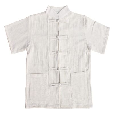 RaanPahMuang Childrens Formal Chinese Collar Short Sleeve Shirt Mixed Soft Cottons, 6 Years-8 Years, FrogSkin Cotton - Natural Cream