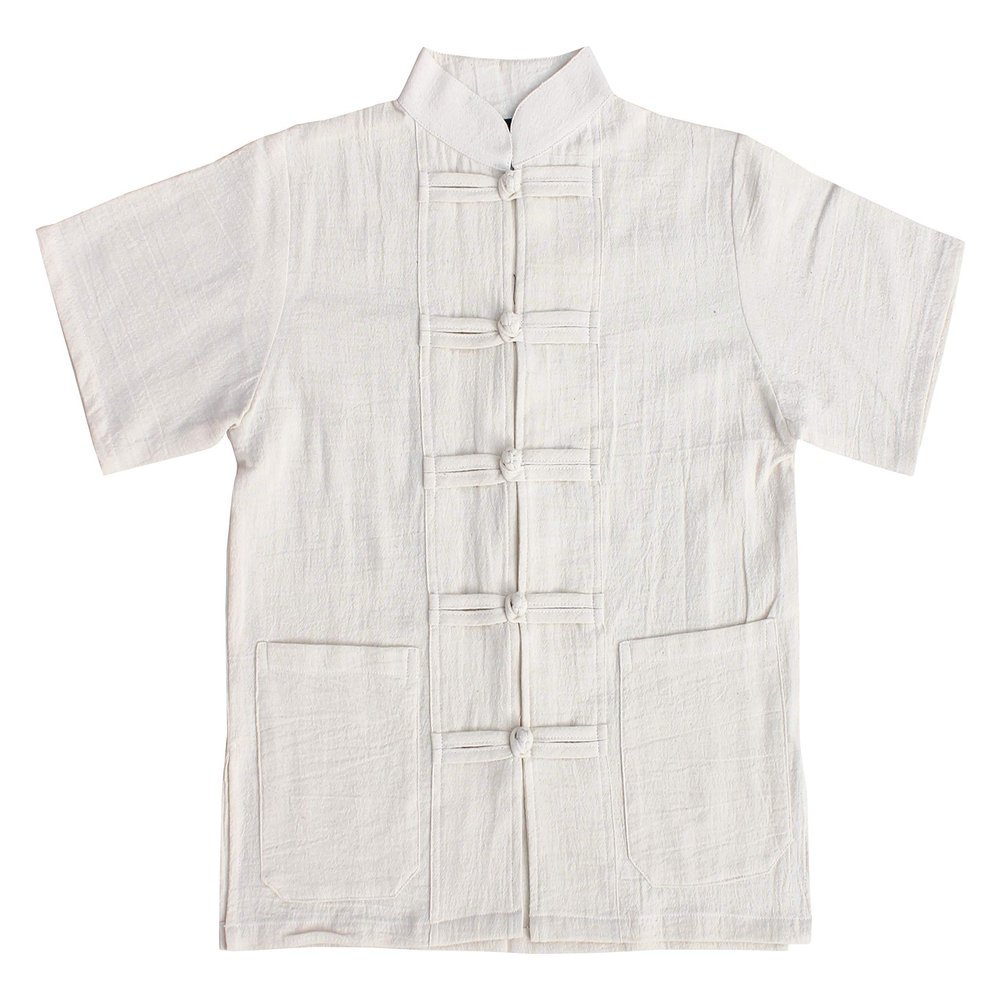 RaanPahMuang Childrens Formal Chinese Collar Short Sleeve Shirt Mixed Soft Cottons, 6 Years-8 Years, FrogSkin Cotton - Natural Cream