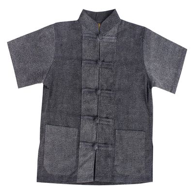 RaanPahMuang Childrens Formal Chinese Collar Short Sleeve Shirt Mixed Soft Cottons, 10 Years-12 Years, Stonewashed - Black
