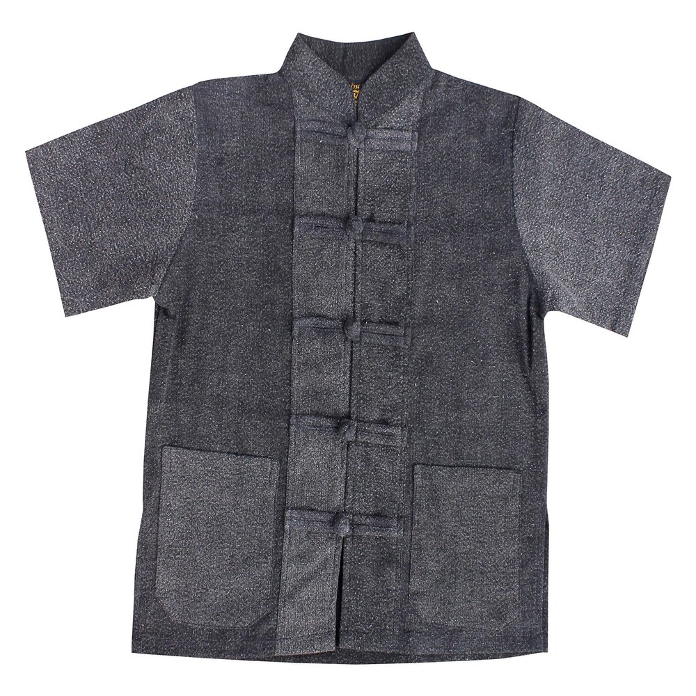 RaanPahMuang Childrens Formal Chinese Collar Short Sleeve Shirt Mixed Soft Cottons, 10 Years-12 Years, Stonewashed - Black