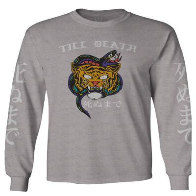 Front Tiger Graphic Japanese Till Death Anime Men's Long Sleeve t Shirt (Light Gray 2X Large)