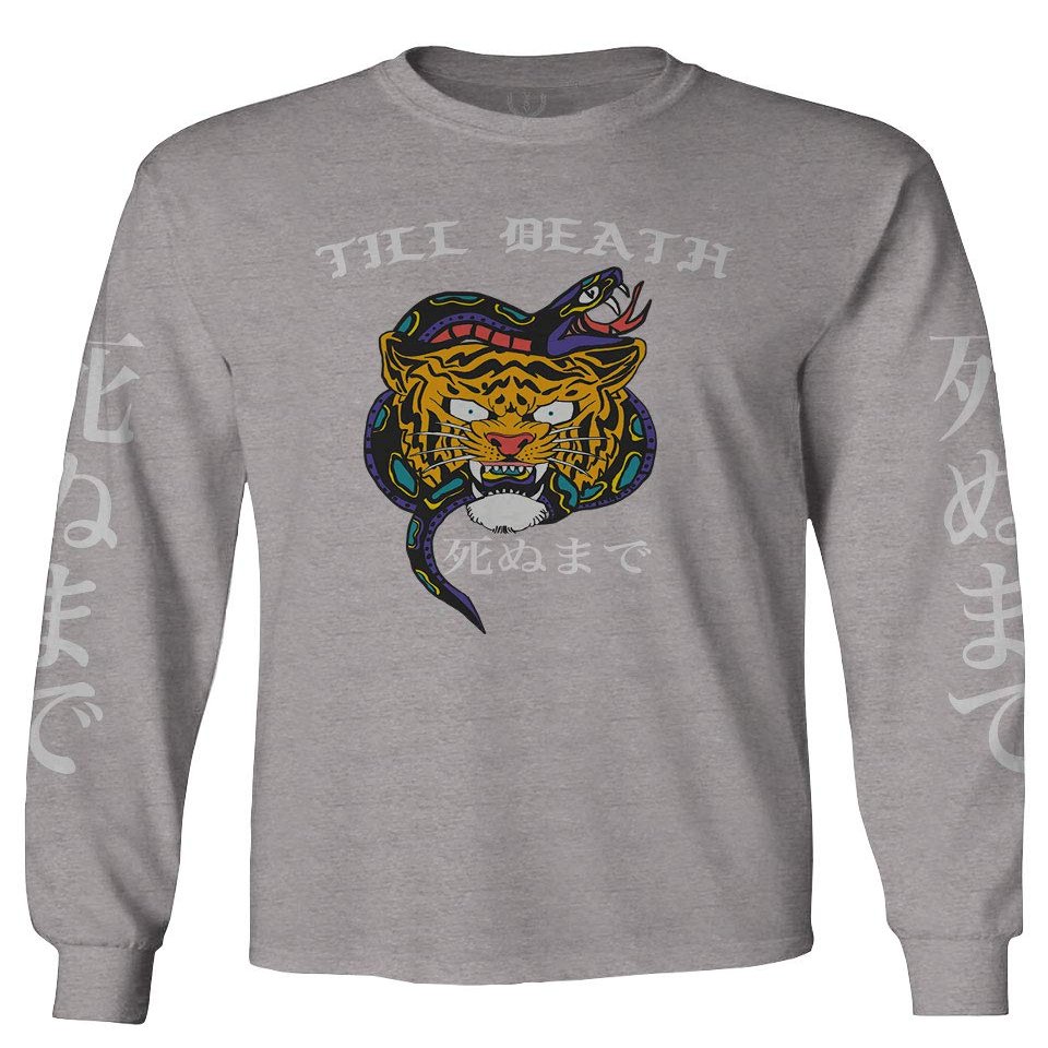 Front Tiger Graphic Japanese Till Death Anime Men's Long Sleeve t Shirt (Light Gray 2X Large)