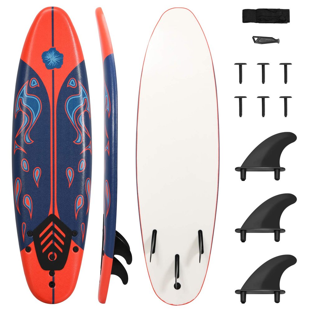 GYMAX Surfboard, 6' Body Board with Removable Fins & Protective Leash, Non-Slip Surfing Board for Surfing, Fishing Water Yoga (Red)