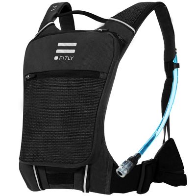 FITLY Sub90 Running Hydration Vest - Fitness Backpack with Phone Holder, Storage, Thoracic Belt - Unisex Vest - Carry Personal Items - Lightweight Hydration Pack (Black, L-XL)