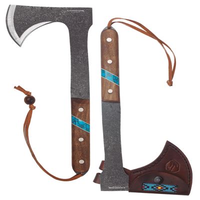 Condor Tool & Knife Blue River Tomahawk - Premium Tactical Tomahawk with 1095 High-Carbon Steel Blade - Ergonomic Walnut Handle with Turquoise Stone Inlay - Ideal for Bushcraft, Camping & Survival