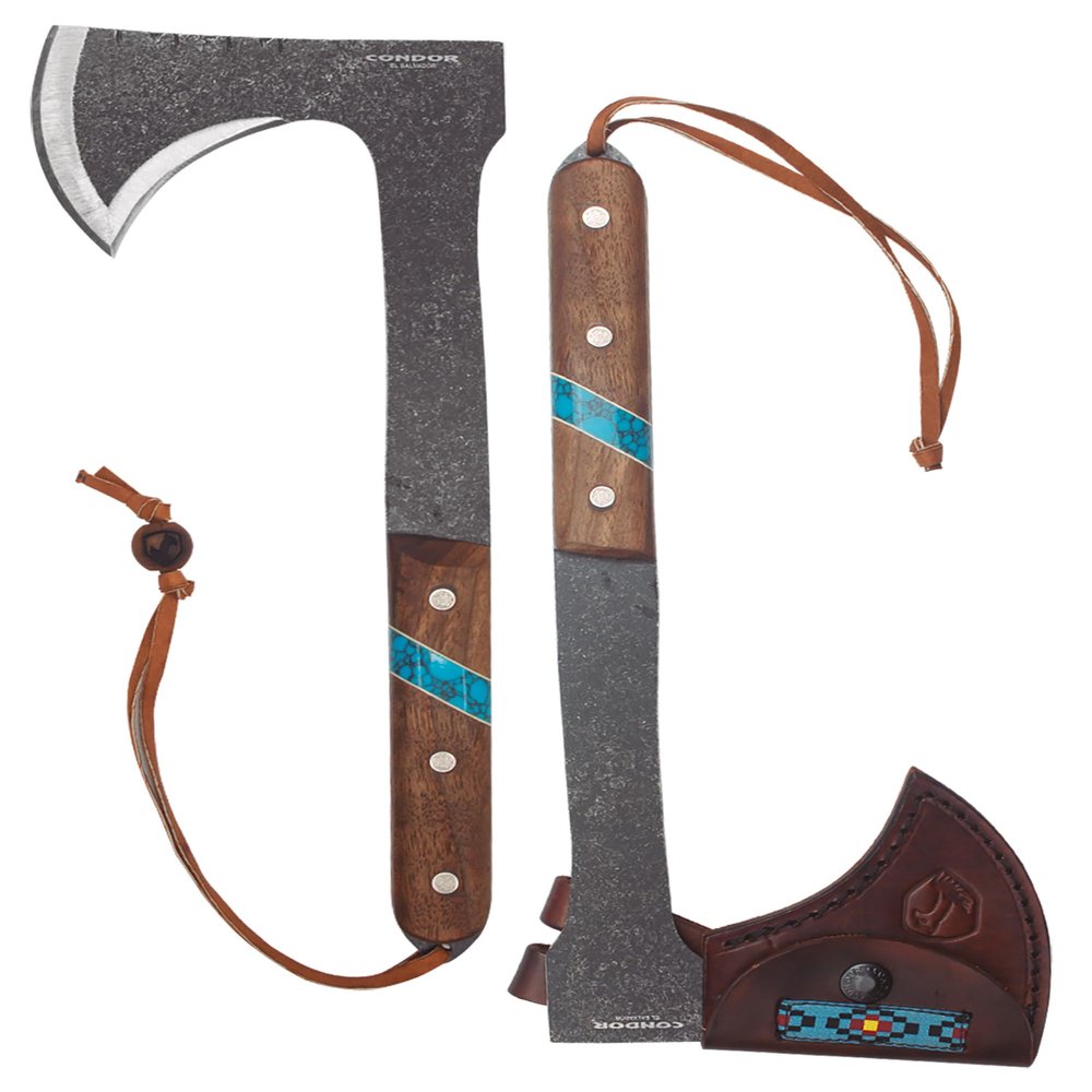 Condor Tool & Knife Blue River Tomahawk - Premium Tactical Tomahawk with 1095 High-Carbon Steel Blade - Ergonomic Walnut Handle with Turquoise Stone Inlay - Ideal for Bushcraft, Camping & Survival