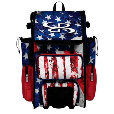 Boombah Rolling Superpack Baseball/Softball Gear Bag - Telescopic Handle - Holds 4 Bats - Wheeled Version - USA Stars & Stripes Navy/Red/White