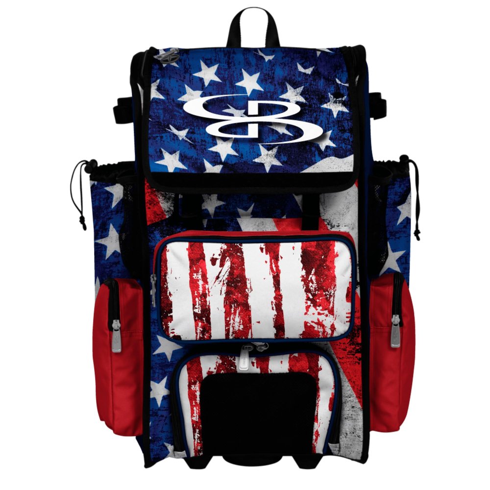 Boombah Rolling Superpack Baseball/Softball Gear Bag - Telescopic Handle - Holds 4 Bats - Wheeled Version - USA Stars & Stripes Navy/Red/White