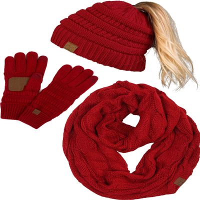 Funky Junque Matching 3 Pack: Ponytail Beanie, Texting Gloves, & Scarf - Red