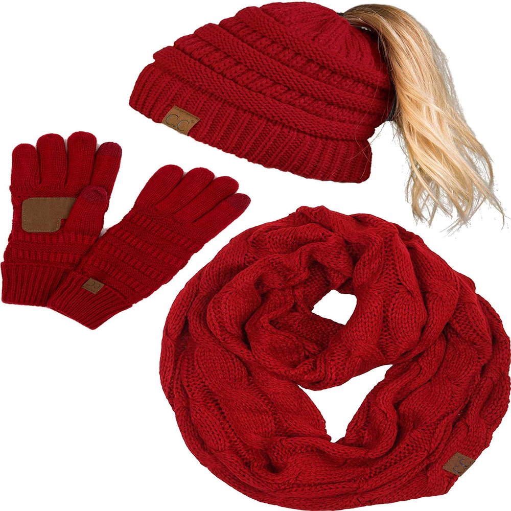 Funky Junque Matching 3 Pack: Ponytail Beanie, Texting Gloves, & Scarf - Red