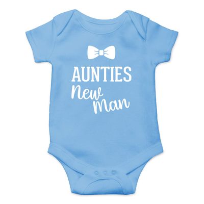 Auntie's New Man - Funny Baby Essentials Bodysuit - Cute Newborn Boy Clothes Baby Romper (6 Months, Light Blue)