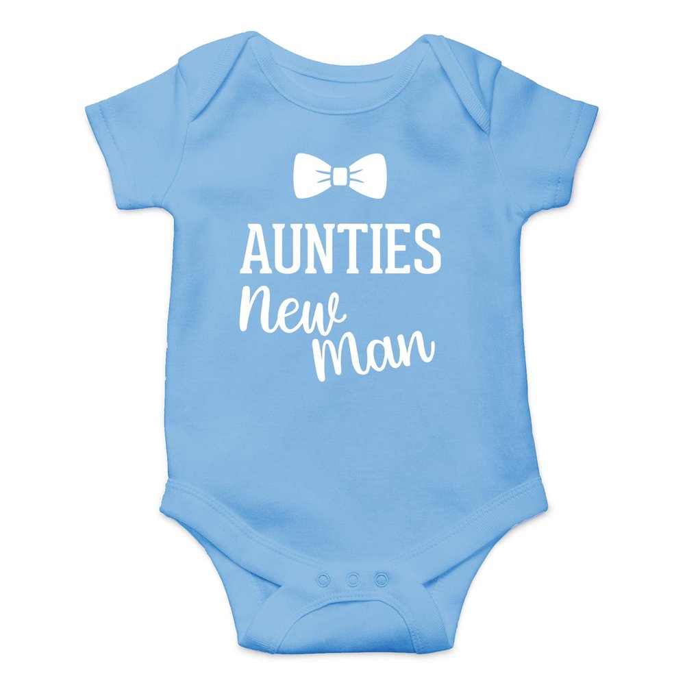Auntie's New Man - Funny Baby Essentials Bodysuit - Cute Newborn Boy Clothes Baby Romper (6 Months, Light Blue)
