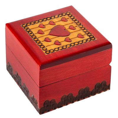 Artisan Owl Polish Handmade Teresa Designed Thread Hearts Wooden Box with Red Interior, Perfect for Keepsakes and Special Items