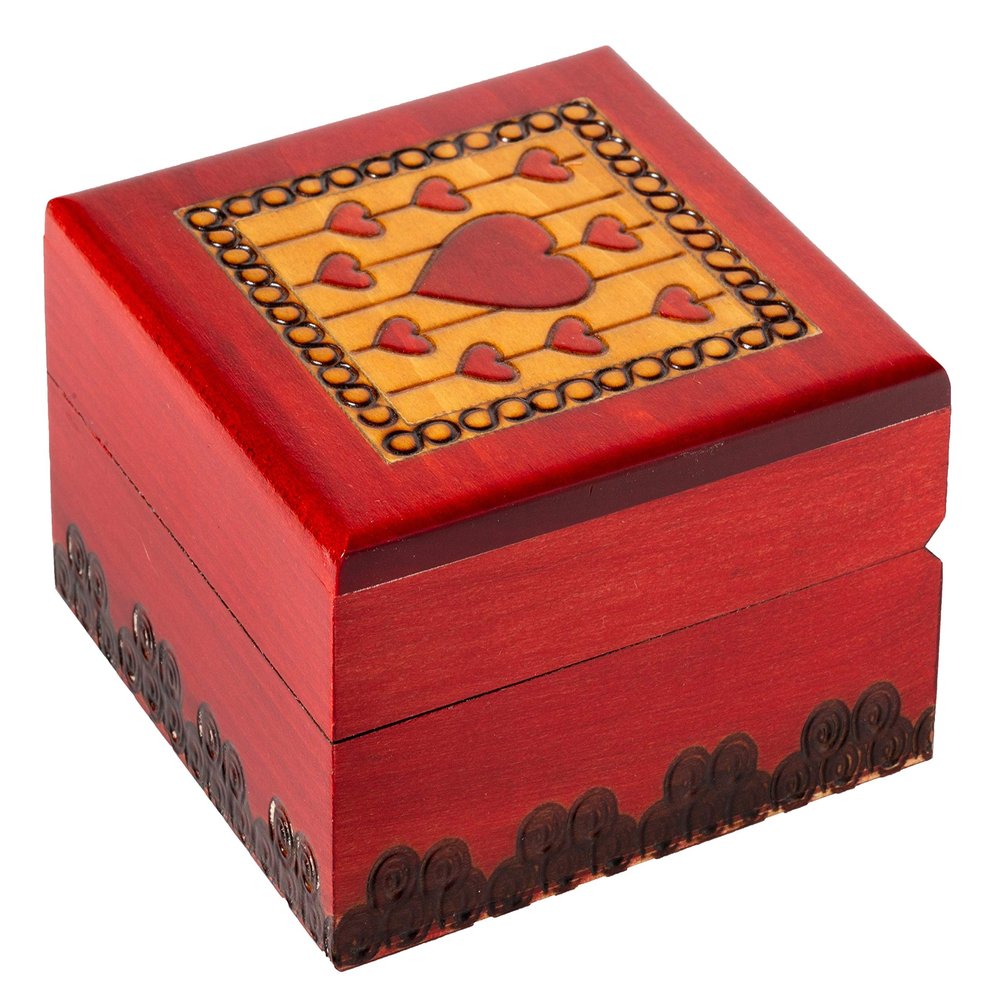 Artisan Owl Polish Handmade Teresa Designed Thread Hearts Wooden Box with Red Interior, Perfect for Keepsakes and Special Items