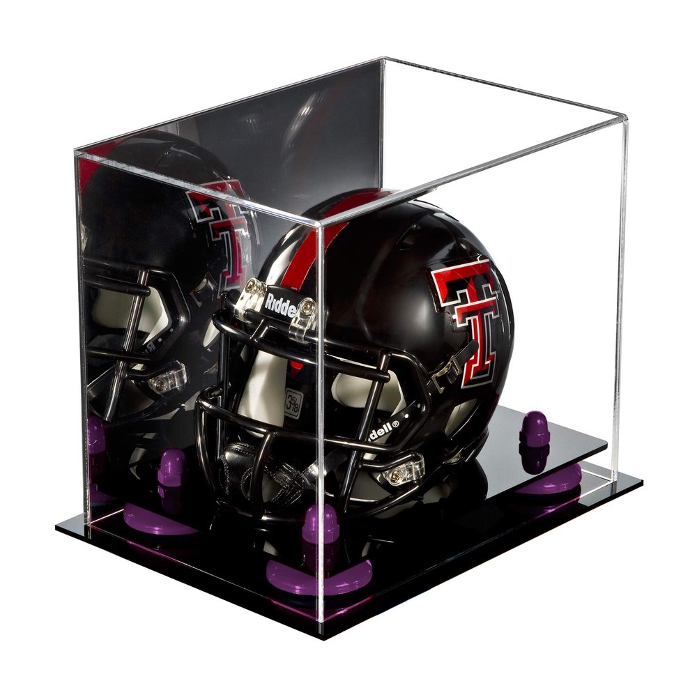 Better Display Cases Acrylic Mini - Miniature Football Helmet (not Full Size) Display Case with Mirror, Purple Risers and Black Base (A003-PR)