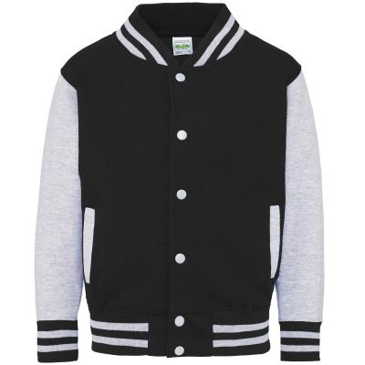 AWDis Kids Varsity Jacket - Boys Girls Trendy American Letterman Baseball top - Jet Black/Heather Grey (3-4 Years)