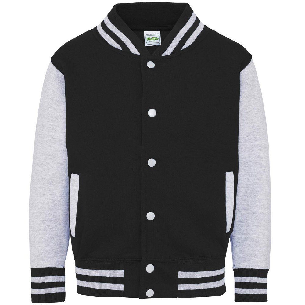 AWDis Kids Varsity Jacket - Boys Girls Trendy American Letterman Baseball top - Jet Black/Heather Grey (3-4 Years)