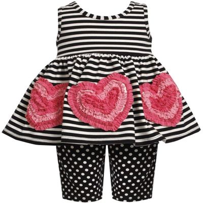 Bonnie Jean Baby Girls Bonaz Heart Border Stripe Knit Dress/Shorts Set, Heart Border/Black-White, 3-6 Months