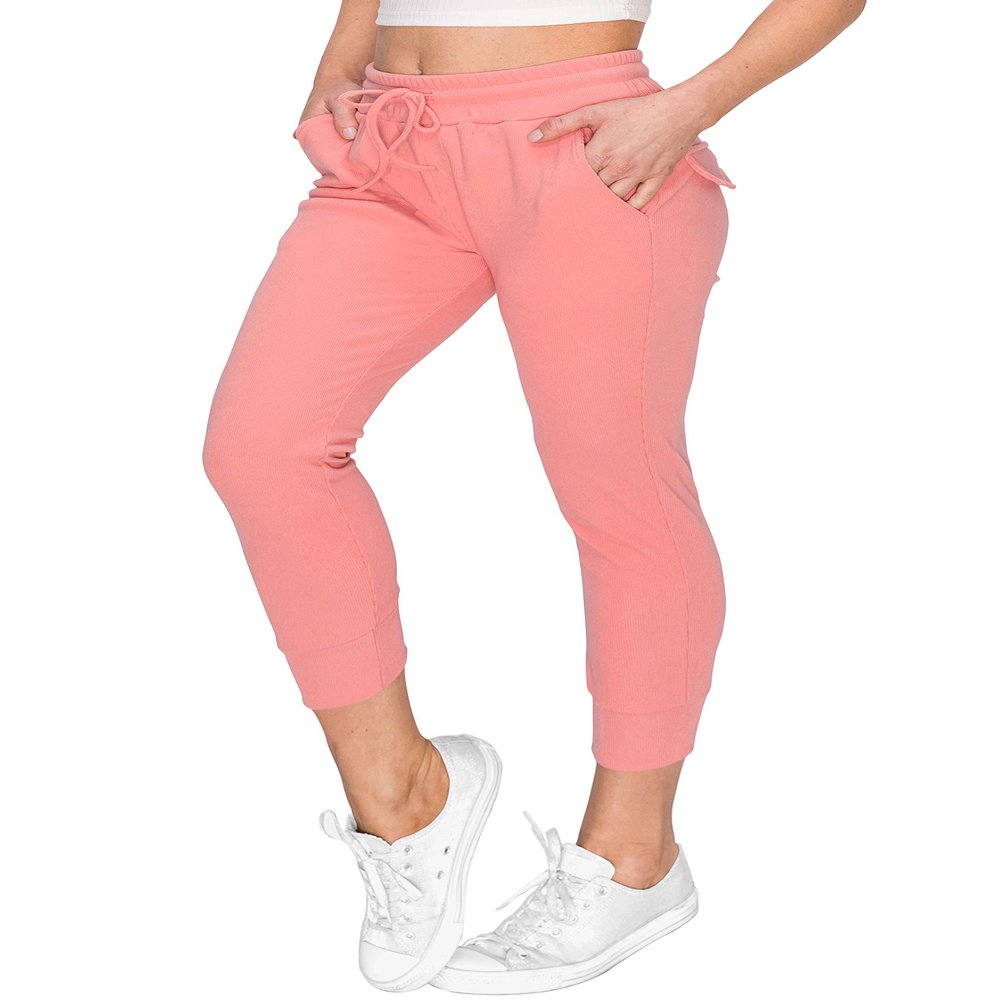 ALWAYS Womens 7/8 Length Ribbed Jogger Sweatpants - Rib Knit Winter Warm Stretch Pants with Pockets Pink XL
