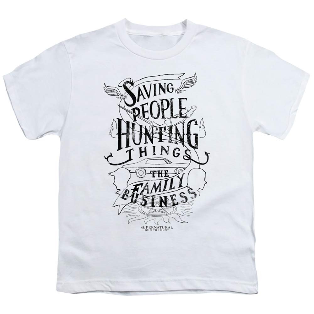 A&E Designs Supernatural Kids T-Shirt Saving People Hunting Things White, Large