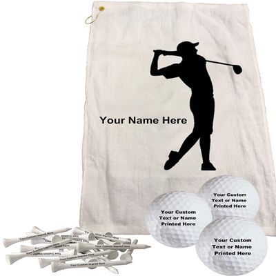 GBM Golf Ball Manufacturers Personalized 16" x 26" Golf Towel - 3 Personalized Golf Balls - 15 Golf Tees. Black Cotton Beach Towel - Great Gift for Golfers