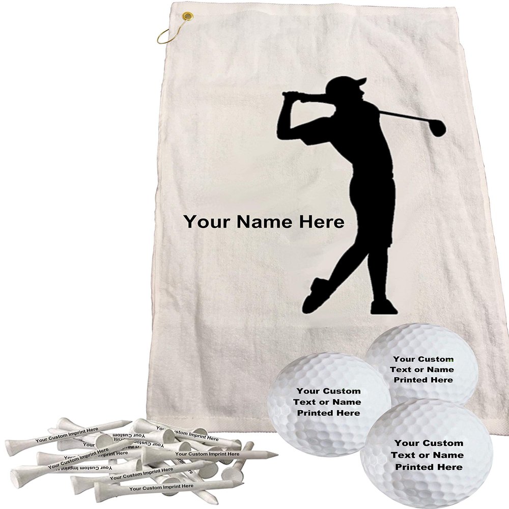 GBM Golf Ball Manufacturers Personalized 16" x 26" Golf Towel - 3 Personalized Golf Balls - 15 Golf Tees. Black Cotton Beach Towel - Great Gift for Golfers