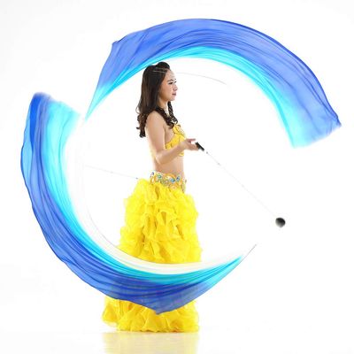 2Pcs Silk Veil + 2Pcs Poi Chain Ball Women Belly Dance Poi Streamer Throw Ball Stage Props (Gradual Blue)