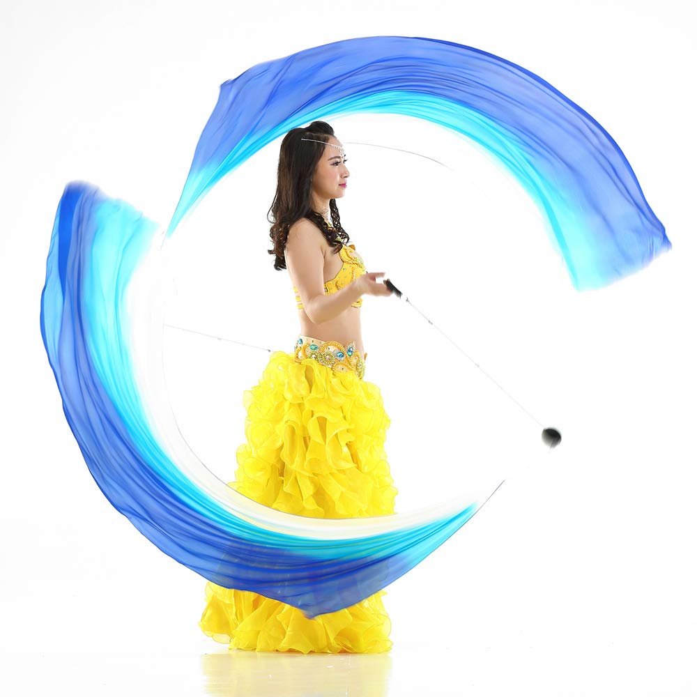 2Pcs Silk Veil + 2Pcs Poi Chain Ball Women Belly Dance Poi Streamer Throw Ball Stage Props (Gradual Blue)