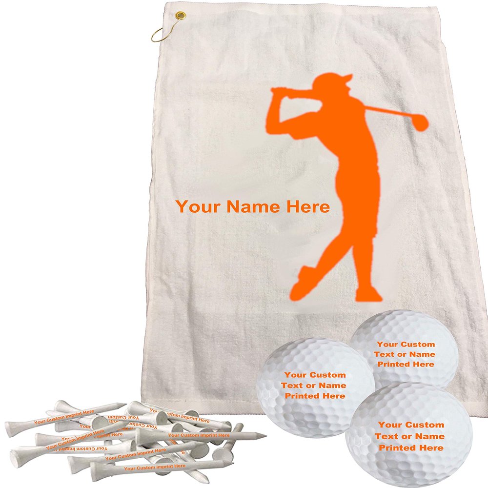 Orange Man Personalized Golf Towel Set Includes One Personalized 16" x 26" Golf Towel - 3 Personalized Golf Balls - 15 Golf Tees. (Orange) Comes in Christmas Ribbon Packaging!