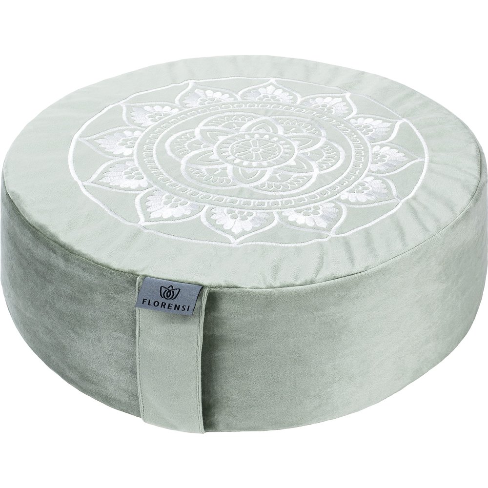 Florensi Yoga Meditation Cushion - Large, Sage Green, Velvet, Firm Buckwheat Hull Support for Floor Seating, Ergonomic Round Meditation Pillow for Sitting, Portable Handle for Flexible Seating