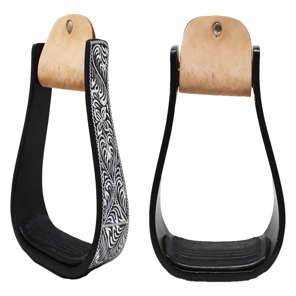 Challenger 5" Wide Western Black Engraved Aluminum Horse Stirrups 51177