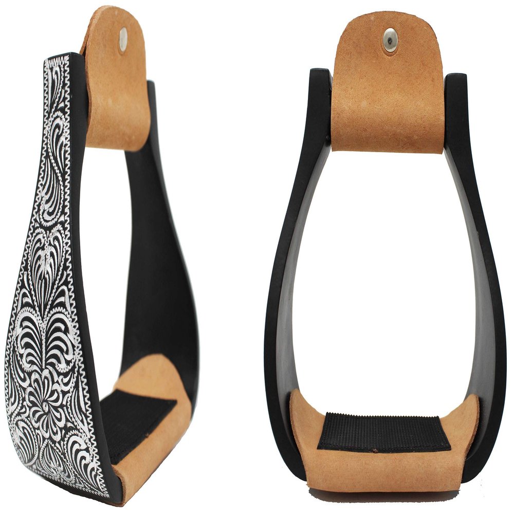 CHALLENGER 4-7/8" Wide Western Black Engraved Aluminum Horse Bell Stirrups Black 51178