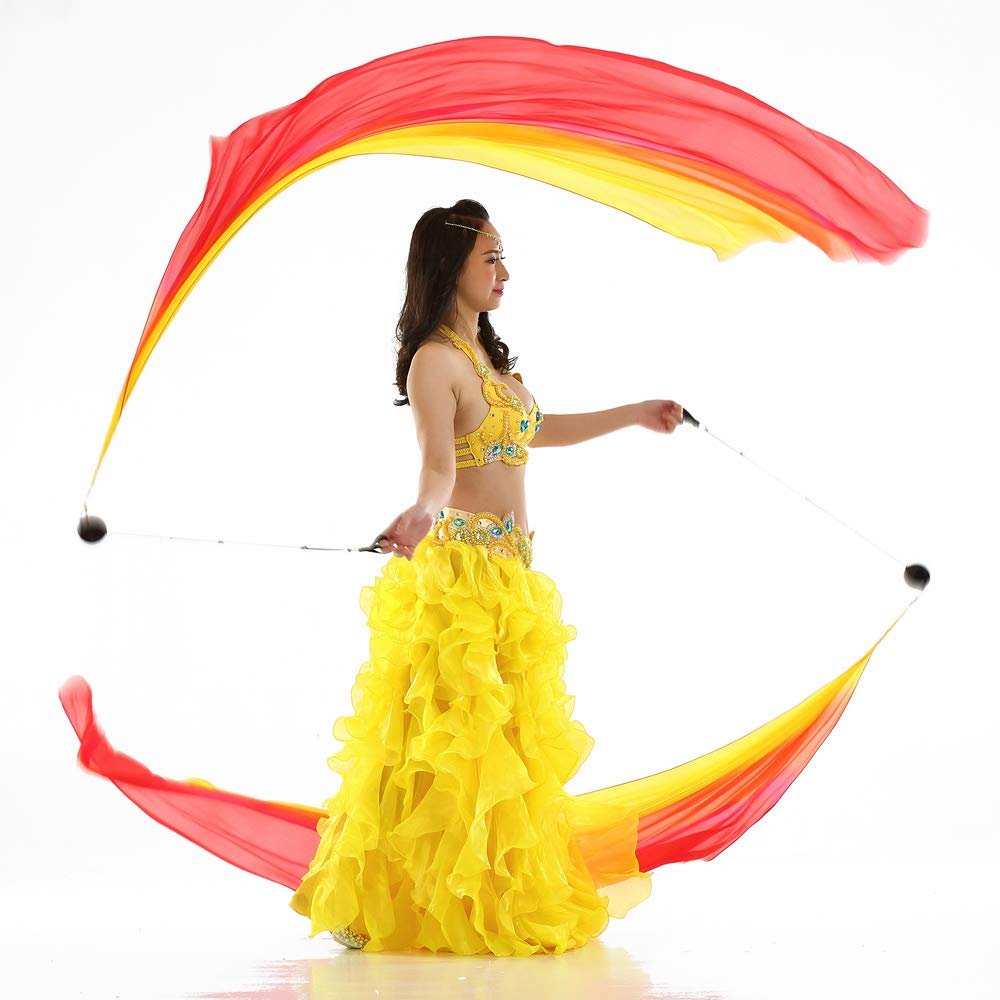 2Pcs Poi Chain Ball Women Belly Dance Poi Streamer Throw Ball Stage Prpos (Yellow Orang Red)
