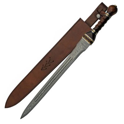 SANZ 26-Inch Damascus Gladius Sword with Fuller  Hand-Forged Roman Gladiator Sword Real with Grooved Wood Handle, Brass Spacers & Leather Sheath for Display & Collectors